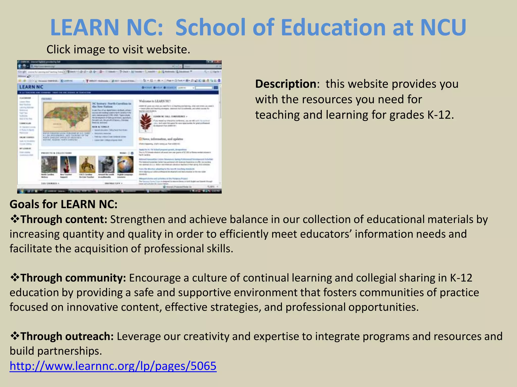 Provide peer reviewed materials and recognition.http://www.merlot.org/merlot/index.htmDescription:  This website provides peer reviewed teaching a learning materials, it connects you with other educators and it allows you to share advice and materials with others.