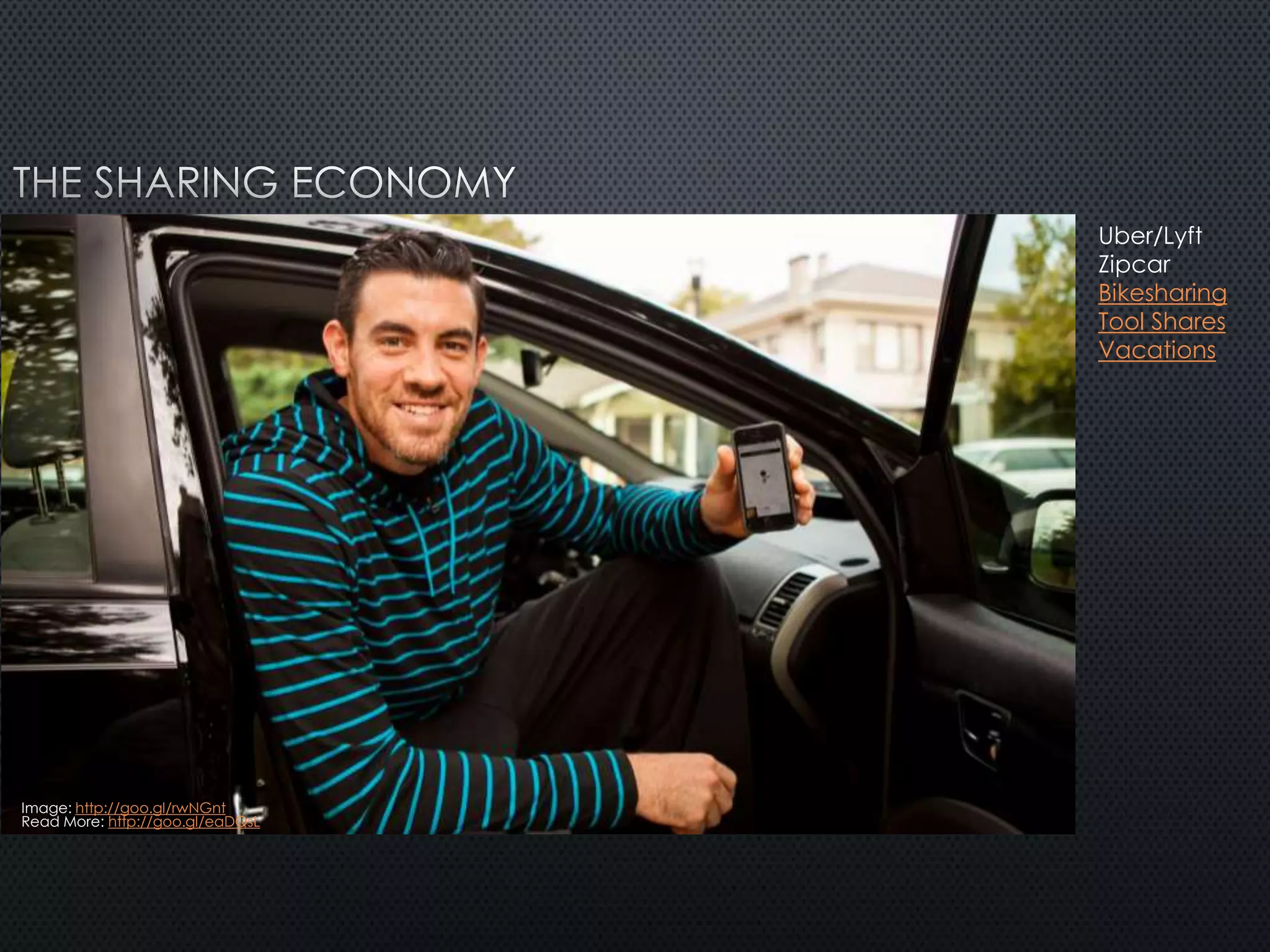 Read More: http://goo.gl/eaDQsL
Uber/Lyft
Zipcar
Bikesharing
Tool Shares
Vacations
Image: http://goo.gl/rwNGnt
 