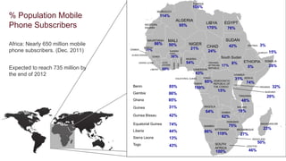TUNISIA
                                                                                                       106%
                                                           MOROCCO
% Population Mobile                                            114%
                                                                                   ALGERIA
                                                                                                                  LIBYA         EGYPT
Phone Subscribers                               WESTERN
                                                SAHARA
                                                                                    95%
                                                                                                                  170%           76%


                                                  MAURITANIA        MALI                                                         SUDAN
Africa: Nearly 650 million mobile                         86%       50%                             NIGER
                                                                                                                  CHAD            42%              ERITREA    3%
                                                SENEGAL
                                                                                                     21%
phone subscribers. (Dec. 2011)      GAMBIA       77%                  BURKINA
                                                                      FASO
                                                                                                                  24%                                        DJIBOUTI   15%
                                     GUINEA BISSAU
                                                      GUINEA              36%                                                 South Sudan




                                                                                           BENIN
                                                                                                   NIGERIA
                                                                                                                                               ETHIOPIA           SOMALIA
                                          SIERRA LEONE         COTE                                54%             CENTRAL             8%




                                                                           GHANA

                                                                                    TOGO
                                                               d’IVOIRE                                            AFTRICAN   17%                  5%                   26%
Expected to reach 735 million by                     LIBERIA   69%                                     CAMEROON
                                                                                                                   REPUBLIC


the end of 2012                                                                                          43%                           UGANDA
                                                                                   EQUATORIAL GUINEA          CONGO
                                                                                                                                        31%  KENYA

                                                                                                        GABON
                                                                                                              85% DEMOCRATIC
                                                                                                                  REPUBLIC OF                     74%
                                      Benin                          85%                                100%      THE CONGO                                   RWANDA     32%
                                                                                                                     15%                                          BURUNDI
                                      Gambia                         86%
                                                                                                                                            TANZANIA                20%
                                      Ghana                          85%                                                                     48%
                                      Guinea                         31%                                         ANGOLA                   MALAWI
                                                                                                                  64%         ZAMBIA        19%
                                      Guinea Bissau                  42%                                                      62%
                                                                                                                                  ZIMBABWE
                                      Equatorial Guinea              74%                                                            75%
                                                                                                                                                              MADAGASCAR
                                                                                                                 NAMIBIA
                                                                                                                           BOTSWANA       MOZAMBIQUE             23%
                                      Liberia                        44%                                         86%
                                                                                                                            119%             27%
                                      Sierra Leone                   13%                                                                               SWAZILAND

                                                                                                                           SOUTH
                                                                                                                                                            50%
                                      Togo                           43%                                                                          LESOTHO
                                                                                                                           AFRICA
                                                                                                                           100%                    46%
 