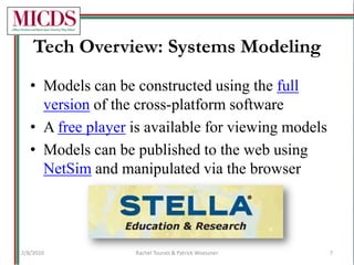 Tech Overview: Systems ModelingModels can be constructed using the full version of the cross-platform softwareA free player is available for viewing modelsModels can be published to the web using NetSim and manipulated via the browser2/8/2010Rachel Tourais & Patrick Woessner7