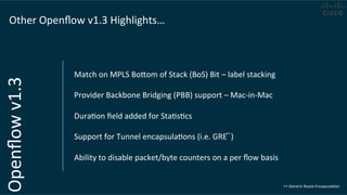 Openﬂow	
  v1.3	
  Other	
  Openﬂow	
  v1.3	
  Highlights…	
  	
  
Match	
  on	
  MPLS	
  Bovom	
  of	
  Stack	
  (BoS)	
  Bit	
  –	
  label	
  stacking	
  	
  
	
  
Provider	
  Backbone	
  Bridging	
  (PBB)	
  support	
  –	
  Mac-­‐in-­‐Mac	
  
	
  
DuraCon	
  ﬁeld	
  added	
  for	
  StaCsCcs	
  
	
  
Support	
  for	
  Tunnel	
  encapsulaCons	
  (i.e.	
  GRE	
  	
  )	
  
	
  
Ability	
  to	
  disable	
  packet/byte	
  counters	
  on	
  a	
  per	
  ﬂow	
  basis	
  
Generic	
  Route	
  EncapsulaCon	
  
**	
  
**	
  
 