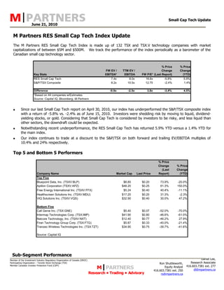 Small Cap Tech Update
                    June 21, 2010


   M Partners RES Small Cap Tech Index Update
   The M Partners RES Small Cap Tech Index is made up of 132 TSX and TSX.V technology companies with market
   capitalizations of between $5M and $500M. We track the performance of the index periodically as a barometer of the
   Canadian small cap technology sector.


                                                                                                                              % Price         % Price
                                                                                      FW EV /    TTM EV /                     Change          Change
                       Key Stats                                                      EBITDA*     EBITDA        FW P/E* (Last Report)           (YTD)
                       RES Small Cap Tech                                                7.4x        8.0x          16.6x          -5.8%             5.9%
                       S&P/TSX Composite                                                 8.2x       10.5x          12.75          -2.4%             1.4%

                       Difference                                                        -0.9x       -2.5x          3.8x          -3.4%             4.5%
                       *Based on 44 companies w/Estimates
                       Source: Capital IQ, Bloomberg, M Partners


         Since our last Small Cap Tech report on April 30, 2010, our index has underperformed the S&P/TSX composite index
          with a return of -5.8% vs. -2.4% as of June 15, 2010. Investors were shedding risk by moving to liquid, dividend-
          yielding stocks, or gold. Considering that Small Cap Tech is considered by investors to be risky, and less liquid than
          other sectors, the downdraft could be expected.
         Notwithstanding recent underperformance, the RES Small Cap Tech has returned 5.9% YTD versus a 1.4% YTD for
          the main index.
         Our index continues to trade at a discount to the S&P/TSX on both forward and trailing EV/EBITDA multiples of
          10.4% and 24% respectively.

   Top 5 and Bottom 5 Performers
                                                                                                                              % Price
                                                                                                                              Change        % Price
                                                                                                                                (Last       Change
                          Company Name                                                       Market Cap      Last Price       Report)         (YTD)
                          Top Five
                          Bluepoint Data, Inc. (TSXV:BLP)                                         $8.85         $0.20           73.9%       -20.0%
                          Aptilon Corporation (TSXV:APZ)                                         $48.20         $0.25           61.3%       150.0%
                          Free Energy International Inc. (TSXV:FFX)                               $5.24         $0.40           40.4%       -11.1%
                          Healthscreen Solutions Inc. (TSXV:MDU)                                 $17.20         $0.20           31.3%        -2.3%
                          VIQ Solutions Inc. (TSXV:VQS)                                          $32.90         $0.40           30.0%        47.2%

                          Bottom Five
                          Call Genie Inc. (TSX:GNE)                                               $5.40         $0.07          -52.0%        -70.0%
                          Intermap Technologies Corp. (TSX:IMP)                                  $41.90         $0.80          -46.6%        -61.0%
                          Natcore Technology, Inc. (TSXV:NXT)                                    $12.40         $0.77          -46.2%         27.9%
                          Firan Technology Group Corp. (TSX:FTG)                                  $5.87         $0.33          -40.0%        -21.4%
                          Tranzeo Wireless Technologies Inc. (TSX:TZT)                           $34.90         $0.75          -39.7%        -41.6%

                          Source: Capital IQ




  Sub-Segment Performance
Member of the Investment Industry Regulatory Organization of Canada (IIROC)                                                                                    Daniel Lee,
Participating Organization – Toronto Stock Exchange (TSX)                                                                      Ron Shuttleworth,        Research Associate
                                                                                  M|PARTNERS
Member Canadian Investor Protection Fund (CIPF)                                                                                                      416.603.7381 ext. 277
                                                                                                                                   Equity Analyst
                                                                                                                           416.603.7381 ext. 250          dl@mpartners.ca
                                                                              Research • Trading • Advisory                     rs@mpartners.ca
 