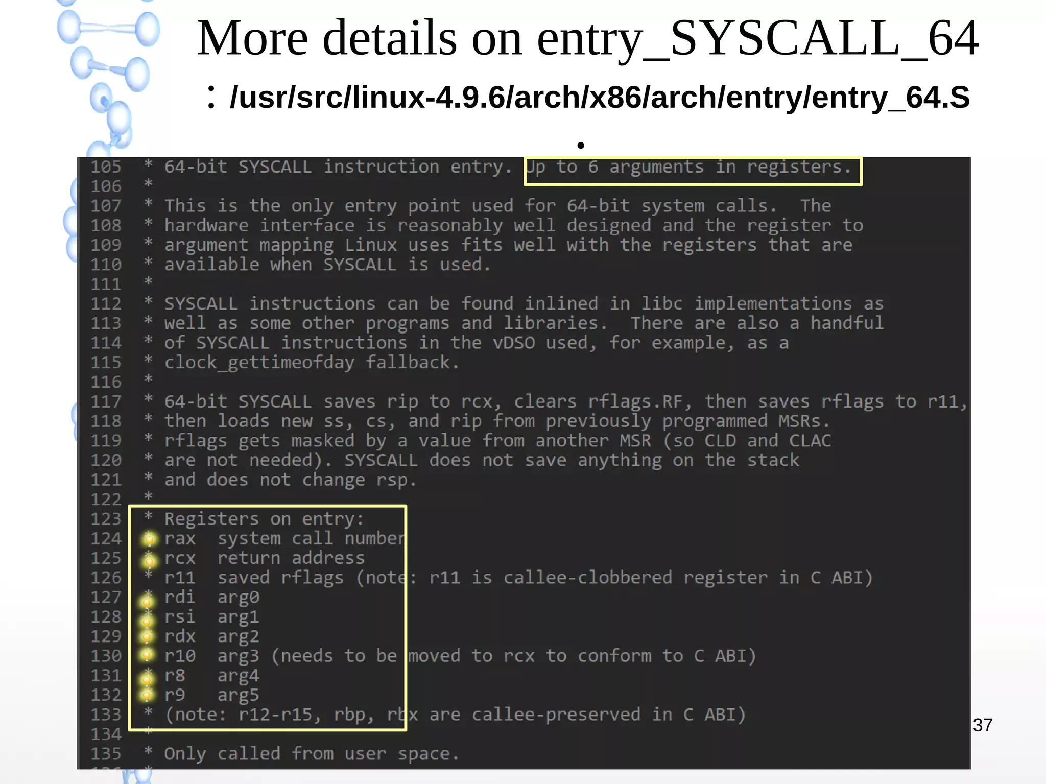 37
More details on entry_SYSCALL_64
: /usr/src/linux-4.9.6/arch/x86/arch/entry/entry_64.S
:
 