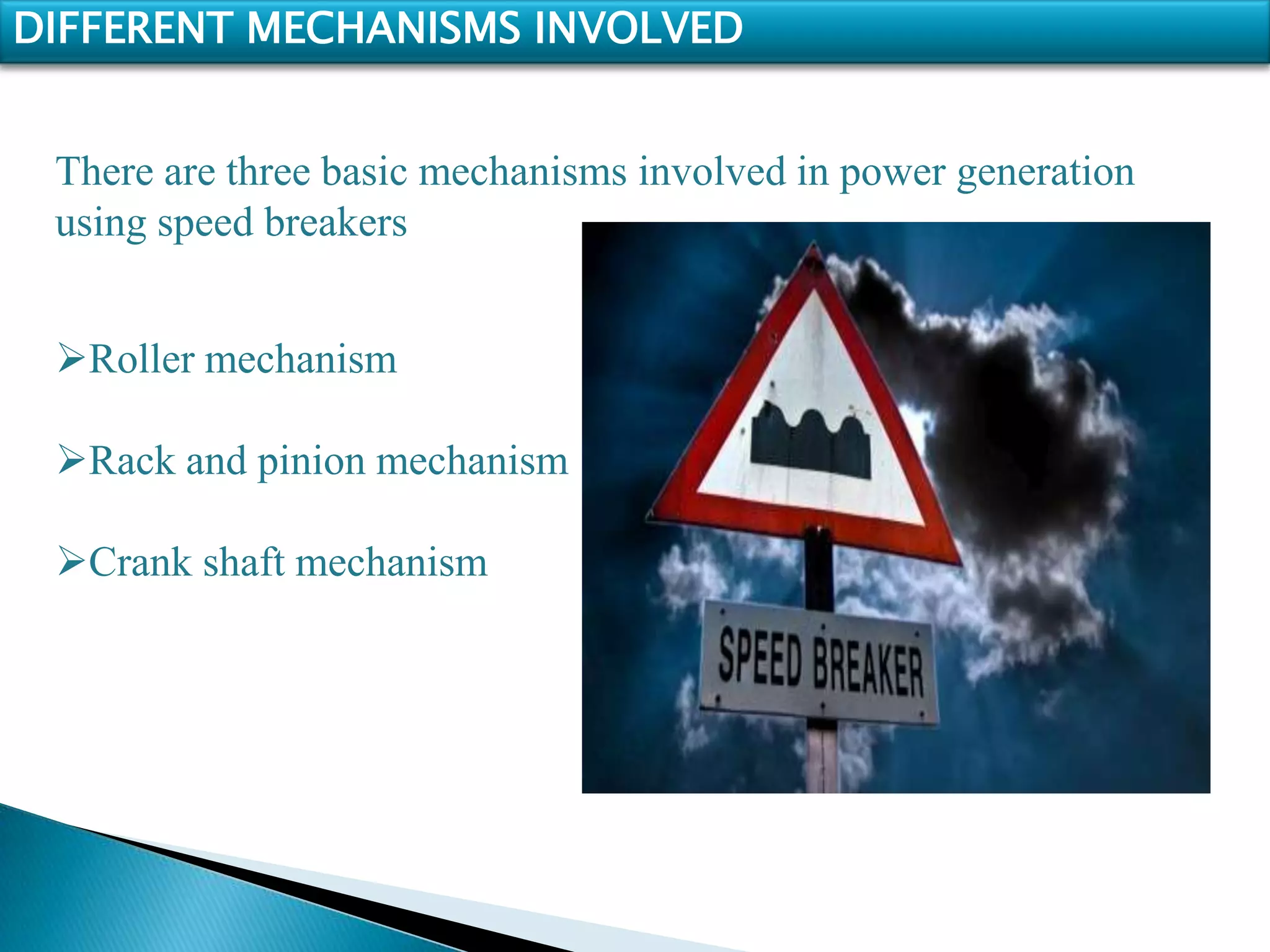 DIFFERENT MECHANISMS INVOLVED
There are three basic mechanisms involved in power generation
using speed breakers
Roller mechanism
Rack and pinion mechanism
Crank shaft mechanism
 