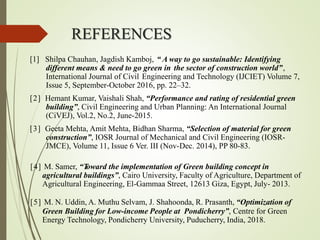 REFERENCES
[1] Shilpa Chauhan, Jagdish Kamboj, “ A way to go sustainable: Identifying
different means & need to go green in the sector of construction world”,
International Journal of Civil Engineering and Technology (IJCIET) Volume 7,
Issue 5, September-October 2016, pp. 22–32.
[2] Hemant Kumar, Vaishali Shah, “Performance and rating of residential green
building”, Civil Engineering and Urban Planning: An International Journal
(CiVEJ), Vol.2, No.2, June-2015.
[3] Geeta Mehta, Amit Mehta, Bidhan Sharma, “Selection of material for green
construction”, IOSR Journal of Mechanical and Civil Engineering (IOSR-
JMCE), Volume 11, Issue 6 Ver. III (Nov-Dec. 2014), PP 80-83.
[4] M. Samer, “T
oward the implementation of Green building concept in
agricultural buildings”, Cairo University, Faculty of Agriculture, Department of
Agricultural Engineering, El-Gammaa Street, 12613 Giza, Egypt, July- 2013.
[5] M. N. Uddin, A. Muthu Selvam, J. Shahoonda, R. Prasanth, “Optimization of
Green Building for Low-income People at Pondicherry”, Centre for Green
Energy Technology, Pondicherry University, Puducherry, India, 2018.
 