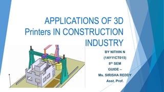 BY NITHIN N
(1AY11CT015)
8th SEM
GUIDE –
Ms. SIRISHA REDDY
Asst. Prof.
APPLICATIONS OF 3D
Printers IN CONSTRUCTION
INDUSTRY
 