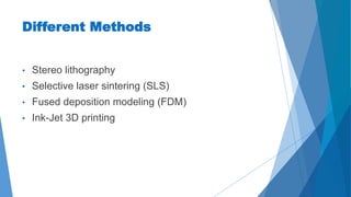 Different Methods
• Stereo lithography
• Selective laser sintering (SLS)
• Fused deposition modeling (FDM)
• Ink-Jet 3D printing
 