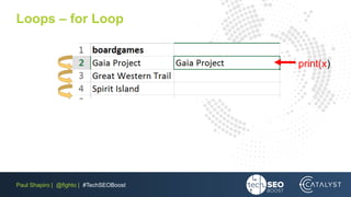 Paul Shapiro | @fighto | #TechSEOBoost
Loops – for Loop
print(x)
 