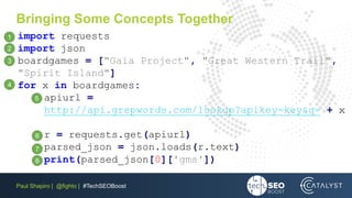Paul Shapiro | @fighto | #TechSEOBoost
Bringing Some Concepts Together
import requests
import json
boardgames = ["Gaia Project", "Great Western Trail",
"Spirit Island"]
for x in boardgames:
apiurl =
http://api.grepwords.com/lookup?apikey=key&q= + x
r = requests.get(apiurl)
parsed_json = json.loads(r.text)
print(parsed_json[0]['gms'])
1
2
3
4
5
6
7
8
 