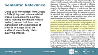 JR Oakes | @jroakes #TechSEOBoost
Semantic Relevance
Going back to the patent from Google
in 2014 (Integrated external related
phrase information into a phrase-
based indexing information retrieval
system), we see that there is an
marked gain in the significance of
phrases in a page based on
additional semantically related
qualifying phrases.
 
