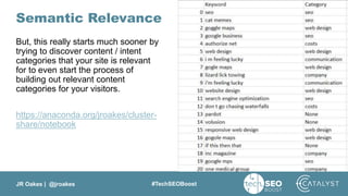JR Oakes | @jroakes #TechSEOBoost
Semantic Relevance
But, this really starts much sooner by
trying to discover content / intent
categories that your site is relevant
for to even start the process of
building out relevant content
categories for your visitors.
https://anaconda.org/jroakes/cluster-
share/notebook
 