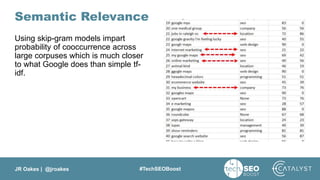 JR Oakes | @jroakes #TechSEOBoost
Semantic Relevance
Using skip-gram models impart
probability of cooccurrence across
large corpuses which is much closer
to what Google does than simple tf-
idf.
 