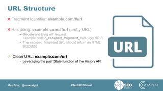 Max Prin | @maxxeight #TechSEOBoost
URL Structure
Fragment Identifier: example.com/#url
Hashbang: example.com/#!url (pretty URL)
• Google and Bing will request:
example.com/?_escaped_fragment_=url (ugly URL)
• The escaped_fragment URL should return an HTML
snapshot
Clean URL: example.com/url
• Leveraging the pushState function of the History API
 