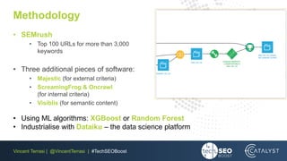 Vincent Terrasi | @VincentTerrasi | #TechSEOBoost
Methodology
• SEMrush
• Top 100 URLs for more than 3,000
keywords
• Three additional pieces of software:
• Majestic (for external criteria)
• ScreamingFrog & Oncrawl
(for internal criteria)
• Visiblis (for semantic content)
• Using ML algorithms: XGBoost or Random Forest
• Industrialise with Dataiku – the data science platform
 