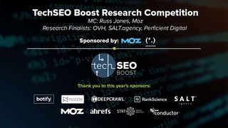 Moz & Russ Jones | @moz @rjonesx | #TechSEOBoost
TechSEO Boost Research Finalists
Do Links Still Matter for
SEO in 2017?
U...