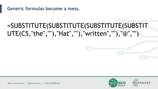 Dave Sottimano | @dsottimano | #TechSEOBoost
Generic formulas become a mess.
=SUBSTITUTE(SUBSTITUTE(SUBSTITUTE(SUBSTIT
UTE...