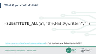 Dave Sottimano | @dsottimano | #TechSEOBoost
What if you could do this?
=SUBSTITUTE_ALL(a1,“the,Hat,@,written”,””)
https://moz.com/blog/search-volume-data-excel - Psst, this isn’t new. Richard Baxter in 2011
 