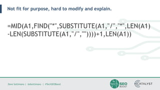 Dave Sottimano | @dsottimano | #TechSEOBoost
Not fit for purpose, hard to modify and explain.
=MID(A1,FIND("*",SUBSTITUTE(...