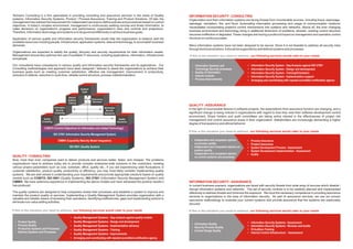 Techserv Consulting is a firm specialized in providing consulting and assurance services in the areas of Quality                  INFORMATION SECURITY - CONSULTING
systems, Information Security Systems, Product / Process Assurance, Training and Product Solutions. Of late, the                  Organization and their information systems are facing threats from innumerable sources, including fraud, espionage,
management has realized the requirement for independent services to define policies and procedures based on control               sabotage, vandalism, fire, and flood. Automating information processing and usage of communication mediums
objectives. In today's complex environment, management is continuously seeking concise and timely information, to
                                                                                                                                  necessitates incorporating powerful control mechanisms into systems and networks. Above all, the ever changing
make decisions on organization's progress and performance, organization's risks and controls and projections.
Therefore, Information technology and systems is to be governed effectively to achieve business goals.                            business environment and technology bring in additional dimension of problems, wherein, existing control structure
                                                                                                                                  becomes ineffective or degraded. These changes are having a profound impact on management and operation control
Application of various quality and information security frameworks would help the organization to balance well the                structure on continuous basis.
available resources including people, infrastructure, application systems, data and technology, to accomplish business
demands.                                                                                                                          Many information systems have not been designed to be secure. Since it is not feasible to address all security risks
                                                                                                                                  through technical solutions, it should be supported by well defined systems and processes.
Organizations are expected to satisfy the quality, fiduciary and security requirements for their information assets.
Management should also optimize the use of available IT resources, including applications, information, infrastructure            If this is the situation you need to address, our following services would cater to your needs
and people.

Our consultants have competence in various quality and information security frameworks and its applications. Our                    • Information Systems and                   •   Information Security System - Gap Analysis against ISO 27001
Consulting methodologies and approach have been designed / tailored to assist the organizations to achieve their                      Technology Security processes             •   Information Security System - Design and development
business goals such as meeting customer satisfaction, effective risk management, improvement in productivity,                       • Quality of information                    •   Information Security System - Training/Orientation
reduction in defects, reduction in cycle time, reliable control structure, process institutionalization.                            • Internal controls                         •   Information Security System - Implementation support
                                                                                                                                    • Process Improvements                      •   Arranging and coordinating with reputed accredited certification agency

                                                             Systems
                                                              Audit

                                                  Internal
                                                  Auditors             Outsourcing
                                                                        Assurance
                                                  Training
                                                                                                                                  QUALITY - ASSURANCE
                                    Information                                      Information
                                      Security                                         Security
                                                                                                                                  In the light of innumerable failures in software projects, the expectations from assurance function are changing, and a
                                     Consulting                                       Assurance                                   significant change is being noticed in organizations with regard to how they view their software development control
                                                                                                                                  environment. Share holders and audit committees are taking active interest in the effectiveness of project risk
                        Quality                                                                     Quality                       management and control assurance areas in their organization. Stakeholders are increasingly demanding a higher
                       Consulting                                                                  Assurance
                                                                                                                                  degree of transparency and ethical behavior.
                         COBIT® (Control Objectives for Information and related Technology)
                                                                                                                                  If this is the situation you need to address, our following services would cater to your needs
                                    ISO 27001 (Information Security Management System)

                                       CMMI® (Capability Maturity Model Integration)                                               • Independent and competent opinion          •   Process Assurance
                                                                                                                                     on process quality                         •   Product Assurance
                                                   ISO 9001 (Quality System)                                                       • Independent and competent opinion on       •   System Development Process - Assessment
                                                                                                                                     product quality                            •   System Development implementation - Assessment
                                                                                                                                   • Independent and competent opinion          •   Audits
QUALITY - CONSULTING                                                                                                                 on control systems and processes
Now, more than ever, companies want to deliver products and services better, faster, and cheaper. The problems
organizations have to address today are to provide complex enterprise-wide solutions to the customers, meeting
various project parameters such as cost, schedule, effort, quality etc., If you are experiencing wide fluctuations in
customer satisfaction, product quality, productivity or efficiency, you may most likely consider implementing quality
systems. We are well versed in understanding your requirements and provide appropriate solutions based on quality
models such as COBIT®, ISO 9001 (Quality Systems), ISO 27001 (Information Security Management System) and
CMMI®. We have extensive experience in implementing the above models and have witnessed the positive results it                   INFORMATION SECURITY - ASSURANCE
has produced.                                                                                                                     In current business scenario, organizations are faced with security threats from wide array of sources which disable /
                                                                                                                                  disrupt information systems and networks. The set of security controls is to be carefully planned and implemented
The quality systems are designed to help companies review their processes and establish a system to improve and                   effectively to address threats and minimize the exposure. We have the necessary competence in providing assurance
maintain the product quality or services. Implementing a Quality Management System provides organization with a                   services to organizations in the area of information security. As part of assurance services, we use our proven
valuable and reliable means of reviewing their operations, identifying inefficiencies, gaps and implementing actions to
                                                                                                                                  assurance methodology to evaluate your current systems and provide assurance that the systems are reasonably
eliminate non-value adding activities.
                                                                                                                                  secured.

If this is the situation you need to address, our following services would cater to your needs                                    If this is the situation you need to address, our following services would cater to your needs

                                                    •   Quality Management Systems - Gap analysis against quality models
 •   Product Quality                                •   Quality Management Systems - Design and development                                                                     •   Information Security Systems - Assessment
 •   Process Quality                                                                                                               • Information Quality
                                                    •   Quality Management Systems - Implementation advisory                                                                    •   Information Security Systems - Reviews and Audits
 •   Production Systems and Processes                                                                                              • Security Process Quality
                                                    •   Quality Management Systems - Training                                      • Control Design Quality                     •   IS Auditors Training
 •   Delivery Systems and Processes                                                                                                                                             •   Internal Control Infrastructure - Assessment
                                                    •   Quality Management Systems - Improvements
                                                    •   Arranging and coordinating with reputed accredited certification agency
 