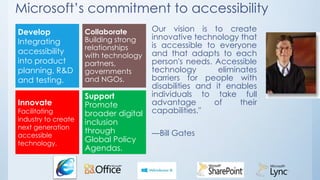 Microsoft’s commitment to accessibility
Develop
Integrating
accessibility
into product
planning, R&D
and testing.
Innovate

Facilitating
industry to create
next generation
accessible
technology.

Collaborate
Building strong
relationships
with technology
partners,
governments
and NGOs.

Support
Promote
broader digital
inclusion
through
Global Policy
Agendas.

Our vision is to create
innovative technology that
is accessible to everyone
and that adapts to each
person's needs. Accessible
technology
eliminates
barriers for people with
disabilities and it enables
individuals to take full
advantage
of
their
capabilities."
—Bill Gates

 