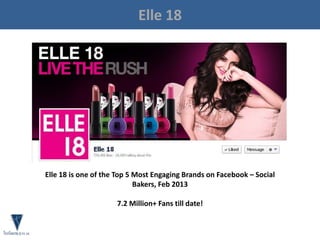 Elle 18
Elle 18 is one of the Top 5 Most Engaging Brands on Facebook – Social
Bakers, Feb 2013
7.2 Million+ Fans till date!
 
