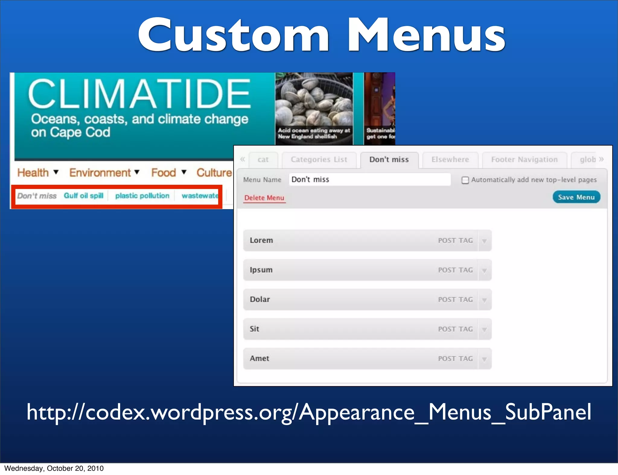 Custom Menus




     http://codex.wordpress.org/Appearance_Menus_SubPanel

Wednesday, October 20, 2010
 