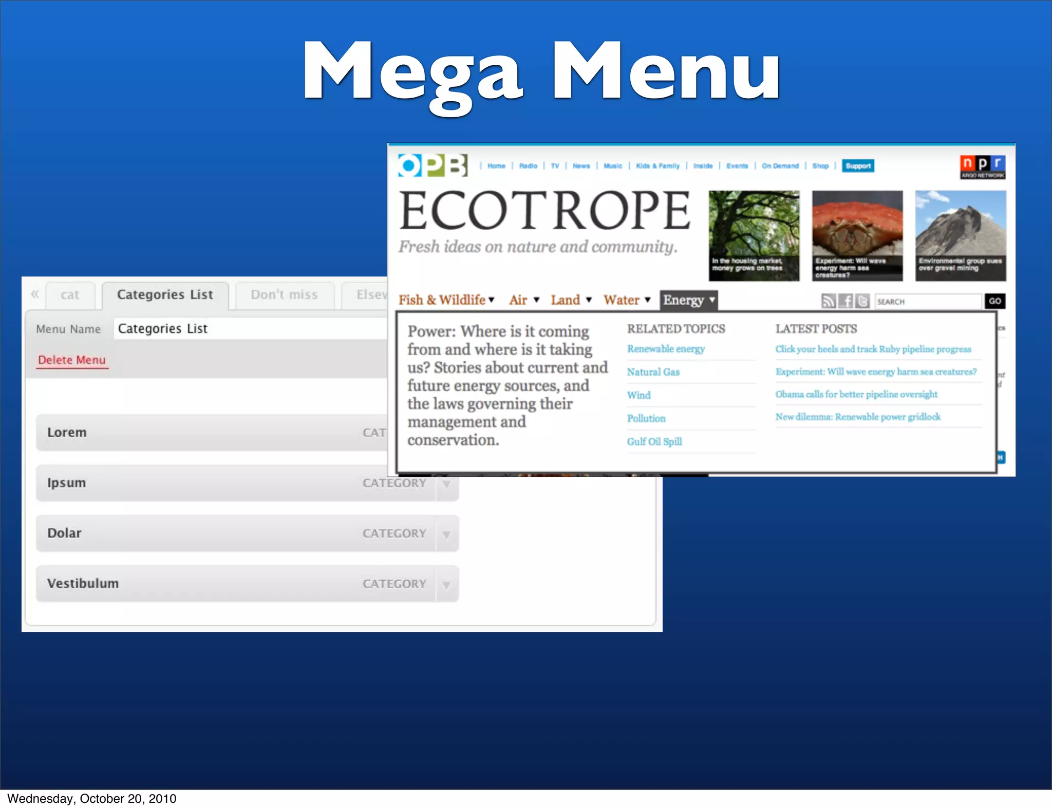 Mega Menu




Wednesday, October 20, 2010
 