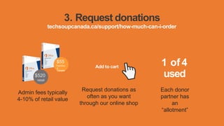 3. Request donations
techsoupcanada.ca/support/how-much-can-i-order
Request donations as
often as you want
through our online shop
Add to cart
Admin fees typically
4-10% of retail value
$520
retail
$55
TechSou
p
Canada
1 of4
used
Each donor
partner has
an
“allotment”
 