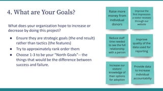 4. What are Your Goals?
What does your organization hope to increase or
decrease by doing this project?
● Ensure they are strategic goals (the end result)
rather than tactics (the features)
● Try to approximately rank order them
● Choose 1-3 to be your “North Goals”-- the
things that would be the difference between
success and failure.
Responsible
Accountable
Consulted
Informed
 