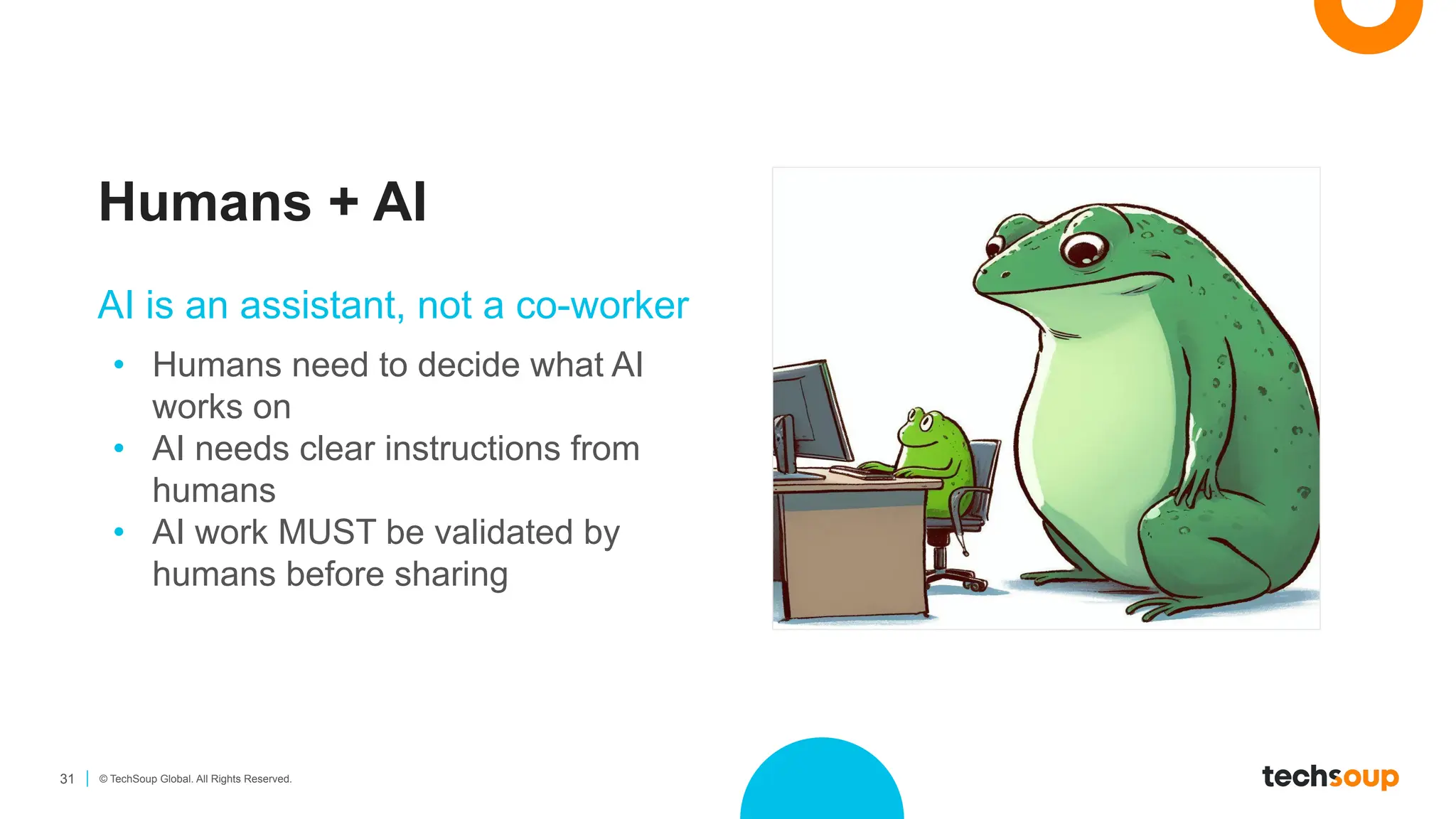 31 © TechSoup Global. All Rights Reserved.
Humans + AI
AI is an assistant, not a co-worker
• Humans need to decide what AI
works on
• AI needs clear instructions from
humans
• AI work MUST be validated by
humans before sharing
 