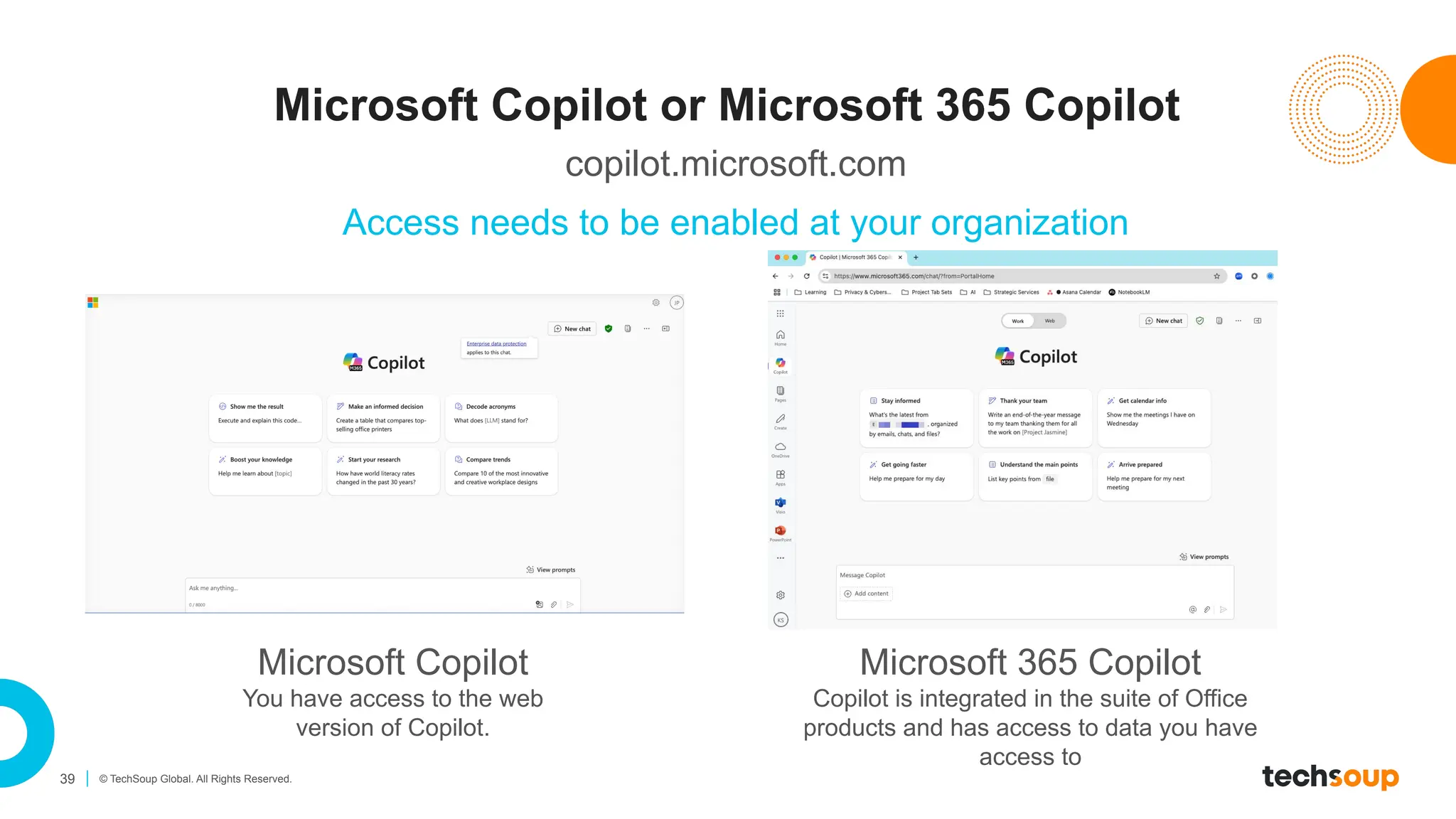 39 © TechSoup Global. All Rights Reserved.
Microsoft Copilot or Microsoft 365 Copilot
Microsoft Copilot
You have access to the web
version of Copilot.
Microsoft 365 Copilot
Copilot is integrated in the suite of Office
products and has access to data you have
access to
copilot.microsoft.com
Access needs to be enabled at your organization
 