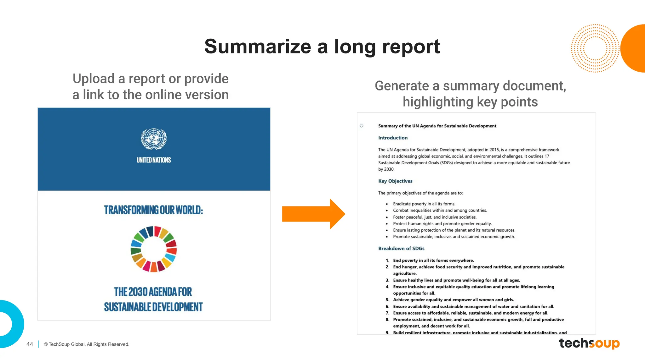 44 © TechSoup Global. All Rights Reserved.
Summarize a long report
Upload a report or provide
a link to the online version
Generate a summary document,
highlighting key points
 
