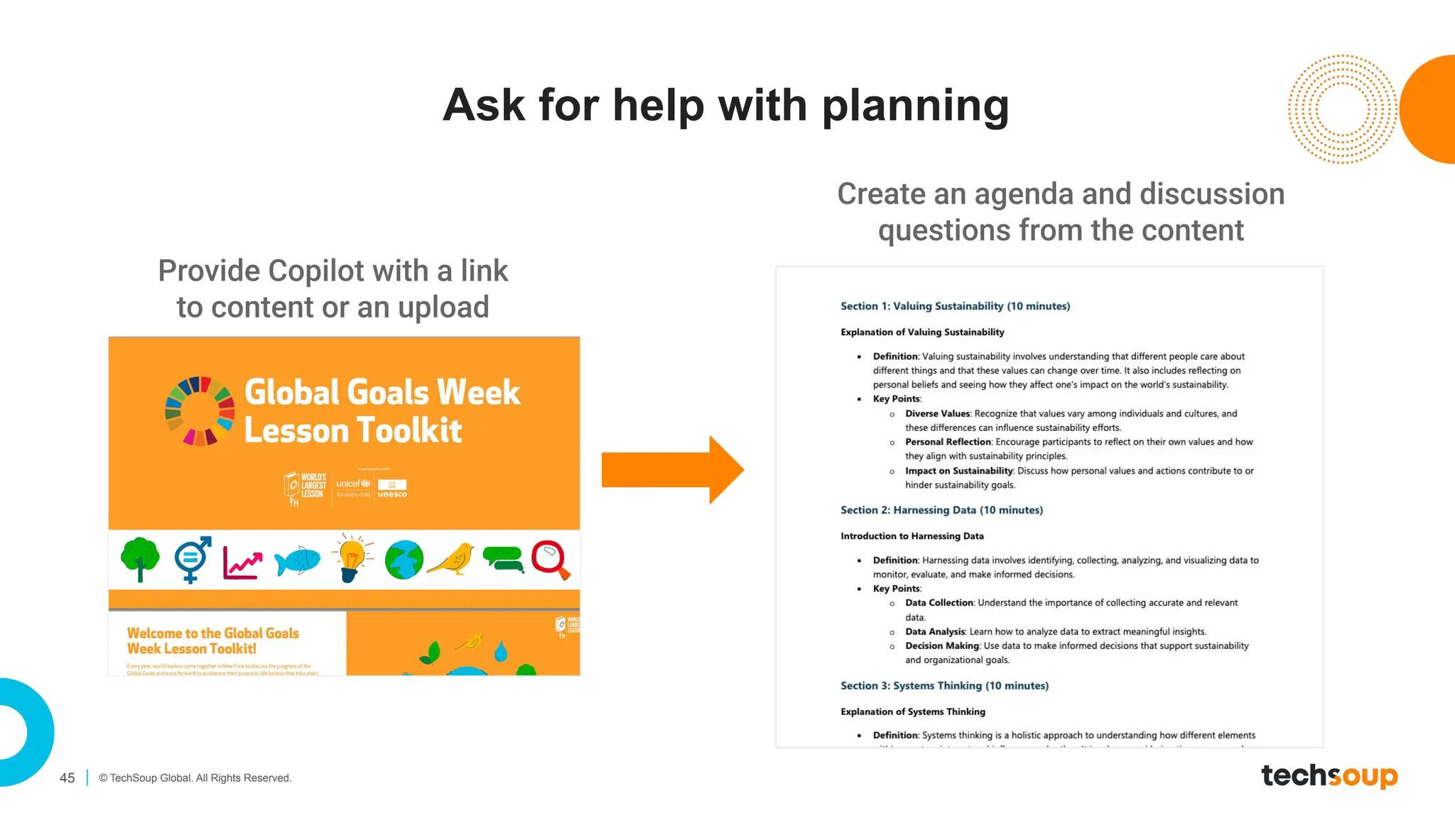 45 © TechSoup Global. All Rights Reserved.
Ask for help with planning
Provide Copilot with a link
to content or an upload
Create an agenda and discussion
questions from the content
 