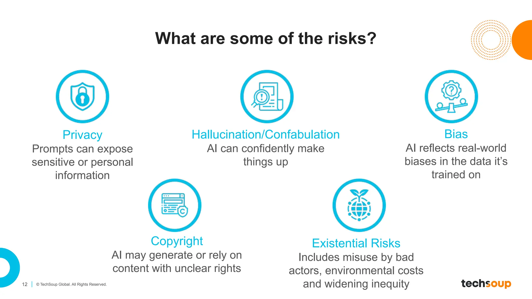 12 © TechSoup Global. All Rights Reserved.
What are some of the risks?
Privacy
Prompts can expose
sensitive or personal
information
Hallucination/Confabulation
AI can confidently make
things up
Bias
AI reflects real-world
biases in the data it’s
trained on
Copyright
AI may generate or rely on
content with unclear rights
Existential Risks
Includes misuse by bad
actors, environmental costs
and widening inequity
 