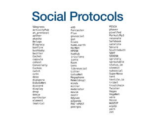 Social Protocols
5Degrees
activityPub
at_protocol
aether
akasha
Beluga
Blogracy
bonfire
bushbaby
bwitter
Cachet
capsule
cohost
Conversely
Cuckoo
cwtch
cztn
deso
diaspora
DiDuSoNet
discord
display
dnsp
dokie
earthstar
element
(matrix)
eXO
Farcaster
Flux
gnusocial
gun
hives
humm.earth
HorNet
HPOSN
humhub
iris/lens
junto
Kazm
Lens
libresocial
Litter
LotusNet
Megaphone
MeWe(dnsp)
minds
mirror
moderator
movim
nostr
Odysee
p2panda
PAC’nPOST
peergos
PESCA
phaver
pixelfed
Porkut/My3
resonate
Safebook
satelite
Secure
Scuttlebutt
SDHT
SEDOSN
spritely
sproutable
status.im
steemit
subsocial
SuperNova
tent
textile.io
tribel
trustchain
Twister
Vegas
VegaNet
vero
Voice
WebP2P
wip2p
yarn
zot
 