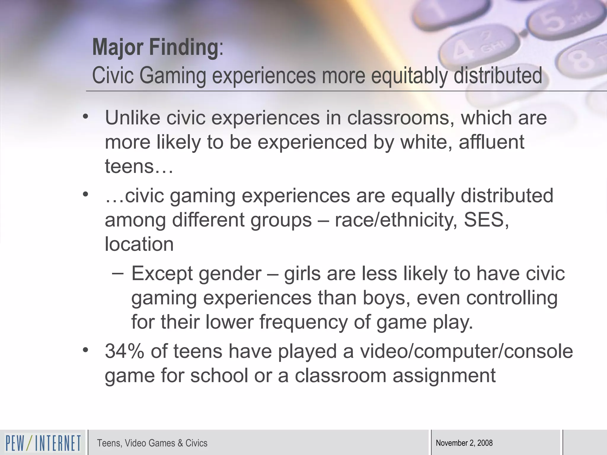 Major Finding : Civic Gaming experiences more equitably distributed Unlike civic experiences in classrooms, which are more likely to be experienced by white, affluent teens… … civic gaming experiences are equally distributed among different groups – race/ethnicity, SES, location Except gender – girls are less likely to have civic gaming experiences than boys, even controlling for their lower frequency of game play. 34% of teens have played a video/computer/console game for school or a classroom assignment 