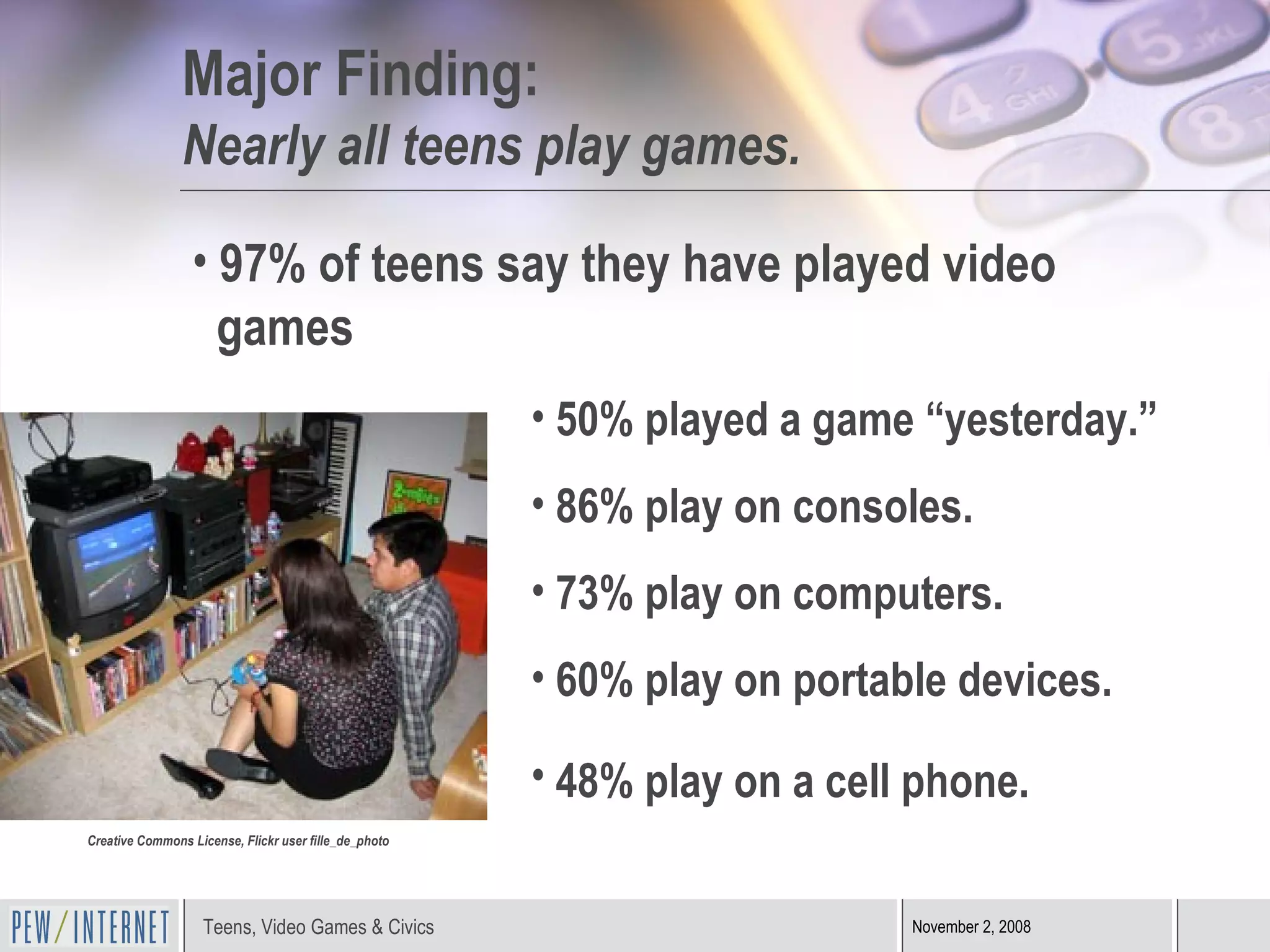 Major Finding:  Nearly all teens play games. 97% of teens say they have played video    games Creative Commons License, Flickr user fille_de_photo 50% played a game “yesterday.” 86% play on consoles. 73% play on computers. 60% play on portable devices. 48% play on a cell phone.   
