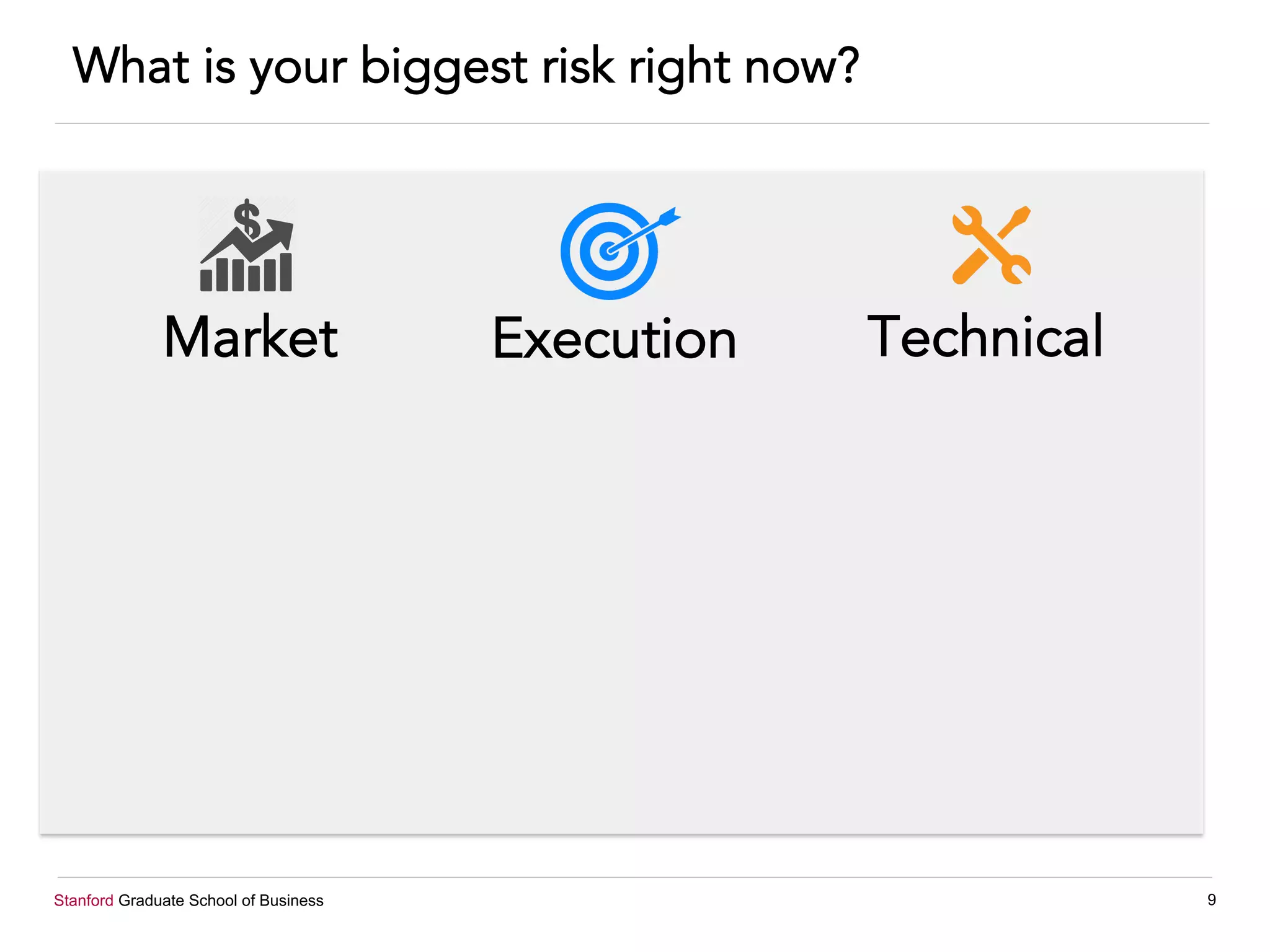 Stanford Graduate School of Business 9
Market Execution Technical
What is your biggest risk right now?
 