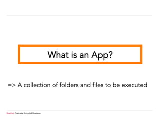 Stanford Graduate School of Business
=> A collection of folders and files to be executed
What is an App?
 