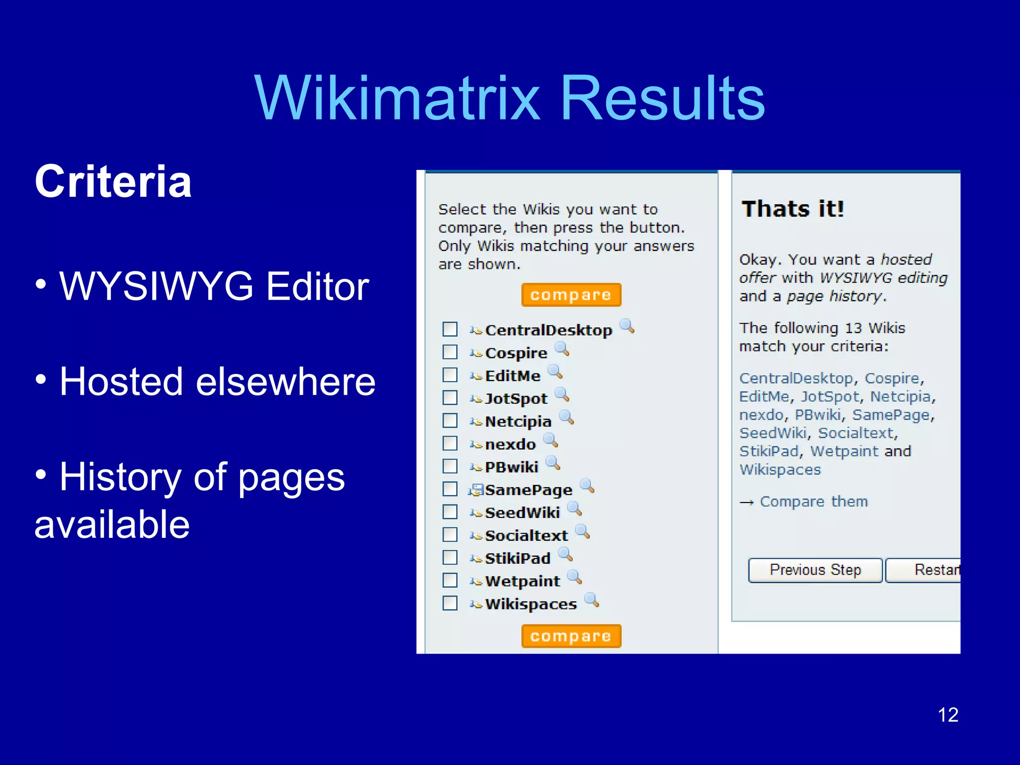Wikimatrix Results Criteria WYSIWYG Editor Hosted elsewhere History of pages  available 