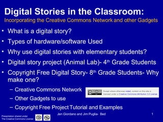 Digital Stories in the Classroom:   Incorporating the Creative Commons Network and other Gadgets ,[object Object],[object Object],[object Object],[object Object],[object Object],[object Object],[object Object],[object Object],Presentation shared under  The Creative Commons License 