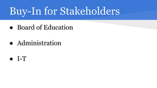 Buy-In for Stakeholders
● Board of Education
● Administration
● I-T

 