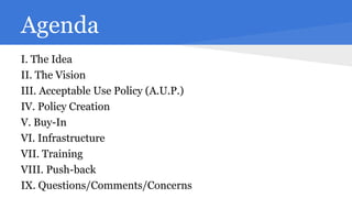 Agenda
I. The Idea
II. The Vision
III. Acceptable Use Policy (A.U.P.)
IV. Policy Creation
V. Buy-In
VI. Infrastructure
VII. Training
VIII. Push-back
IX. Questions/Comments/Concerns

 