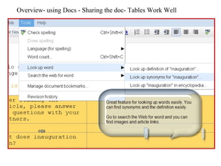 Overview- using Docs - Sharing the doc- Tables Work Well 