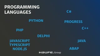 PROGRAMMING
LANGUAGES
JAVA
C#
DELPHI
PROGRESS
C++
PHP
PYTHON
ABAP
JAVASCRIPT
TYPESCRIPT
NODE.JS
 