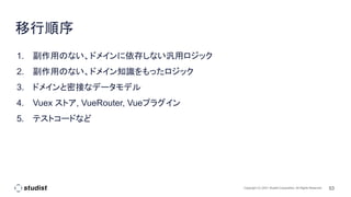53
Copyright (C) 2021 Studist Corporation. All Rights Reserved
移行順序
1. 副作用のない、ドメインに依存しない汎用ロジック
2. 副作用のない、ドメイン知識をもったロジック
3. ドメインと密接なデータモデル
4. Vuex ストア, VueRouter, Vueプラグイン
5. テストコードなど
 