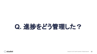 56
Copyright (C) 2021 Studist Corporation. All Rights Reserved
Q. 進捗をどう管理した？
 