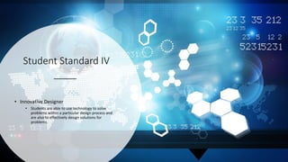 Student Standard IV
• Innovative Designer
• Students are able to use technology to solve
problems within a particular design process and
are also to effectively design solutions for
problems.
 