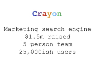 Marketing search engine
$1.5m raised
5 person team
25,000ish users
 