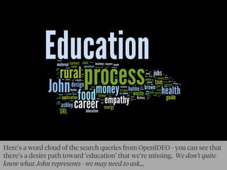 Here’s a word cloud of the search queries from OpenIDEO - you can see that
there’s a desire path toward ‘education’ that we’re missing. We don’t quite
know what John represents - we may need to ask...
 